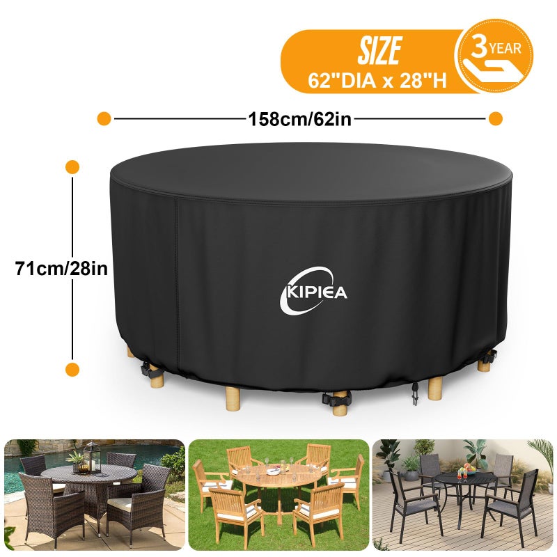Kipiea Round Patio Table Cover Waterproof  420D Heavy-Duty Round Patio Furniture Covers  No Tears Anti UV No Fading (62"" Dia x 28"" H) - Image 2